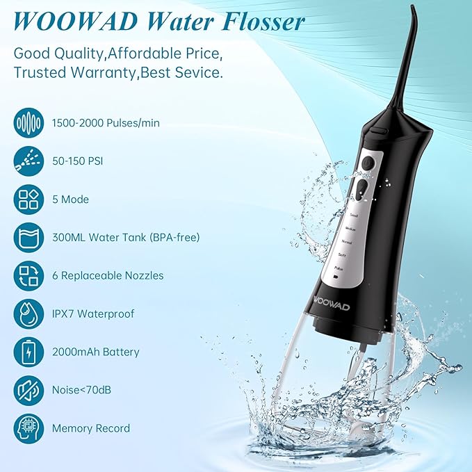 Water Flosser for Teeth 300ML Cordless,Portable Water Dental Floss Pick IPX7 Waterproof 5 Modes & 6 Jet Tips Noise<70db, Water Picks for Teeth Cleaning and Flossing, Braces, Gums,Oral Care