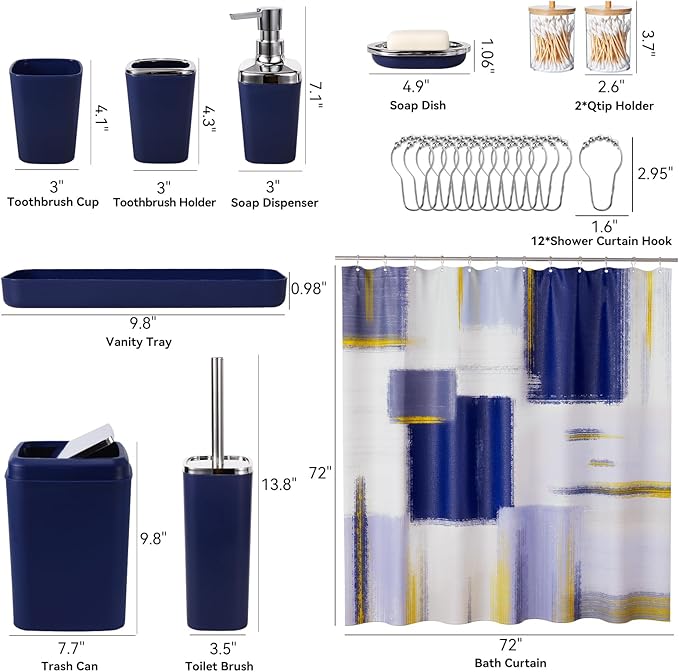 Blue Bathroom Accessories Set, Bathroom Sets with Shower Curtain, Navy Blue Bathroom Accessories with Trash Can, Soap Dispenser, Soap Dish, Toilet Brush Holder, Qtip Holders for Bathroom