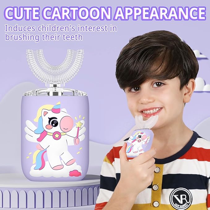 Kids Electric U Shaped Toothbrush Unicorn Rechargeable Sonic Toothbrush with 4 Soft Brush Heads with Kid Toothpaste IPX7 Waterproof - (Age 8-15, Purple)