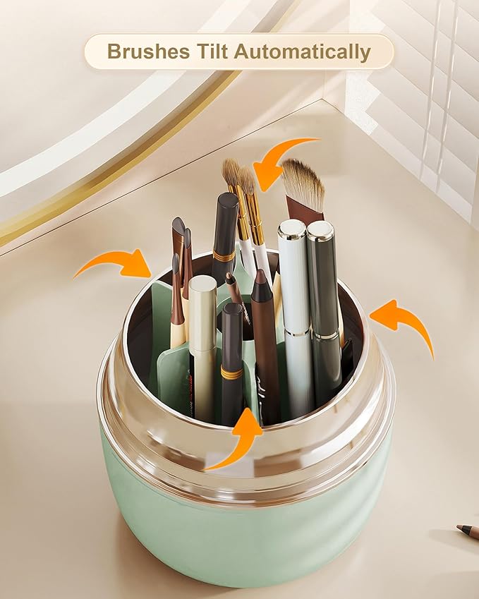 Makeup Brush Holder for Vanity - 360 Rotating Makeup Brush Organizer (Thicken Upgraded), Toothbrush Holder with Cover, Cosmetic Organizer (Green)
