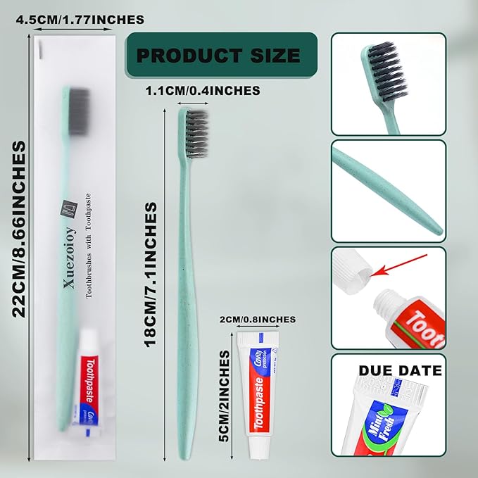 Disposable Toothbrushes with Toothpaste,200 Pack Green Individually Wrapped Disposable Travel Toothbrushes Kit in Bulk for Homeless,Nursing Home,Hotel,Charity