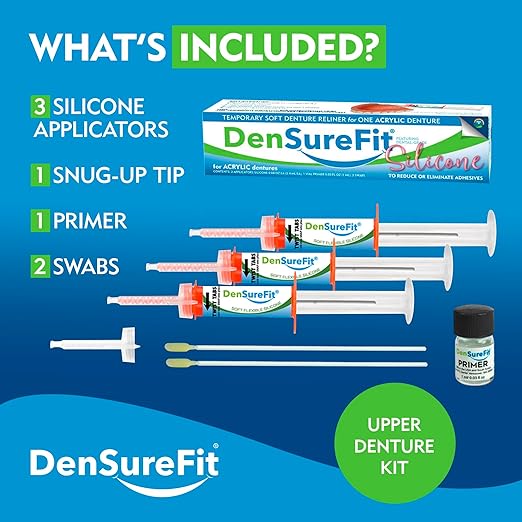 DenSureFit Upper Denture Reline Kit, Soft Silicone Denture Reliner Repair and Care Combo Kit with Extra Comfort Liner, Refit and Tighten for a Secure, Comfortable Fit