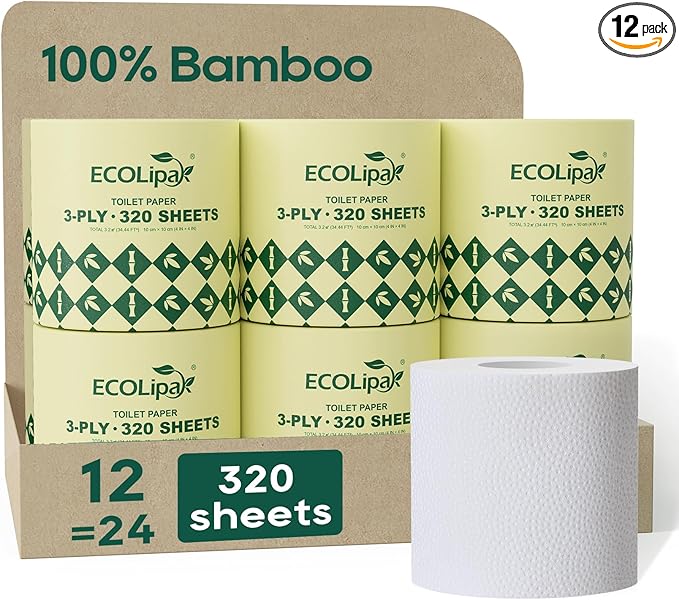 ECOLipak Bamboo Toilet Paper 3 Ply, Septic Safe Toilet Tissue, 12 Double Rolls, 320 Sheets Per Roll, Tree Free, Non Toxic, Soft and Absorbent, Eco Friendly Dye-Free Paper, White