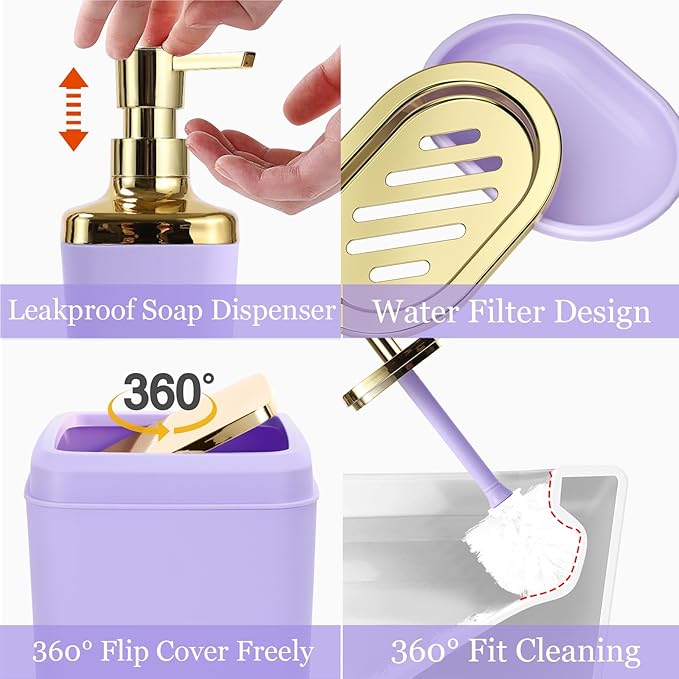 Purple Bathroom Accessories, 24 Pieces Purple and Gold Bathroom Accessories Set with Shower Curtain, Bath Towels, Trash Can, Soap Dispenser and Soap Dish for Bathroom/Housewarming