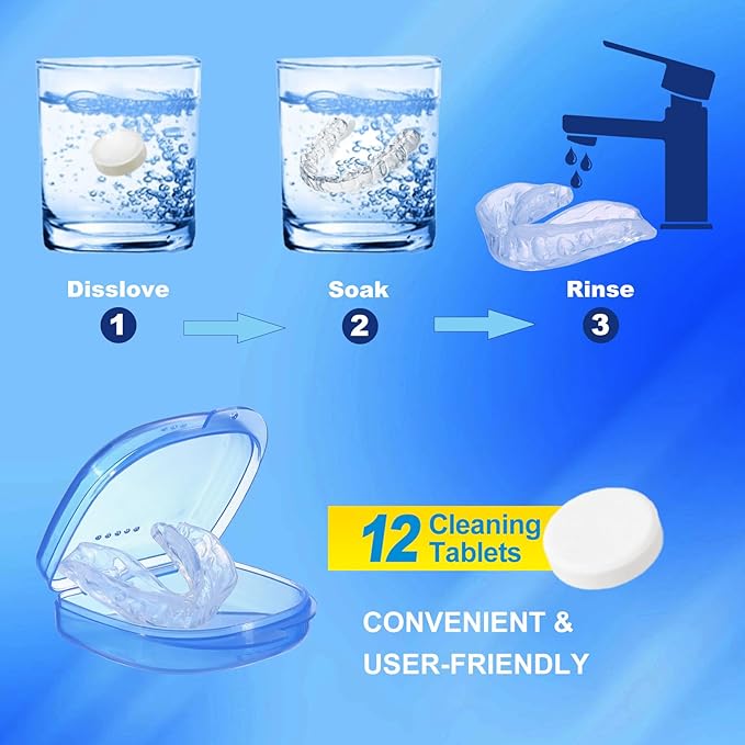 Mouth Guard for Grinding Teeth at Night, Night Guards for Bruxism, Mouthguards for Grinding of Teeth Nighttime, Dental Bite Guard for Adults of Clenching Teeth, 8 Pack with 12 Cleaning Tablets