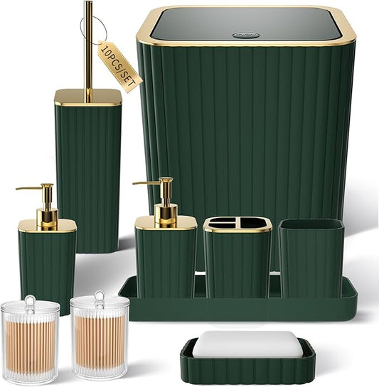 Bathroom Accessories Set - Gorgeous Green Bathroom Set, 10PC Green Bathroom Accessory Set, Bathroom Sets with Toilet Brush, Bathroom Trash Can