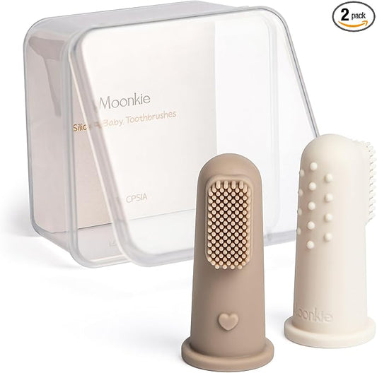 Moonkie Baby Toothbrush Finger Toothbrush Oral Cleaner Kit for 3 Months +, 2 Pcs Small (Warm Taupe/Ivory)