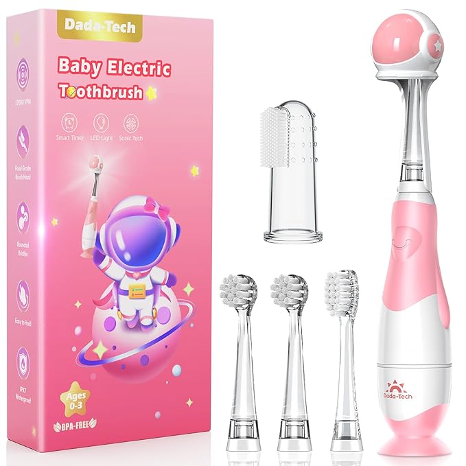 Toddler Electric Toothbrush Kids Age 1-2-3 Years Old, Infants & Baby Electric Toothbrush with Finger Tooth Brush, Cute Cover, LED Light, 2 Minutes Timer, 4 Brush Heads, Suction Cup (Pink Astronaut)