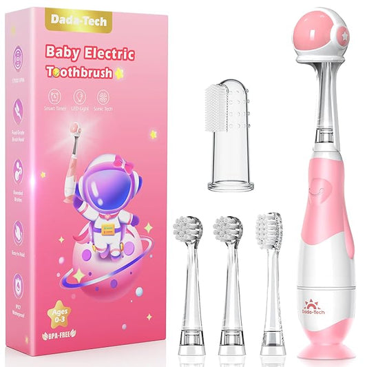 Toddler Electric Toothbrush Kids Age 1-2-3 Years Old, Infants & Baby Electric Toothbrush with Finger Tooth Brush, Cute Cover, LED Light, 2 Minutes Timer, 4 Brush Heads, Suction Cup (Pink Astronaut)