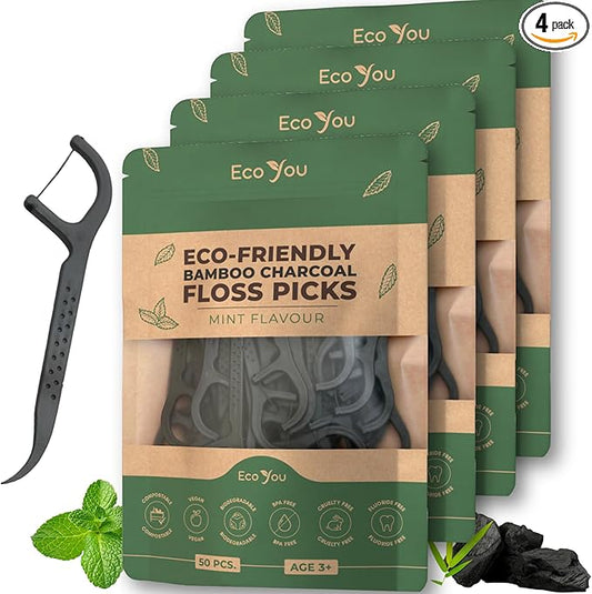 Biodegradable Floss Picks | 200 Count (4 Pack) | Mint Flavor, Candililla Wax | Sustainable & Reusable | Vegan & Cruelty-Free | Bamboo Floss Picks, Bamboo Toothpicks