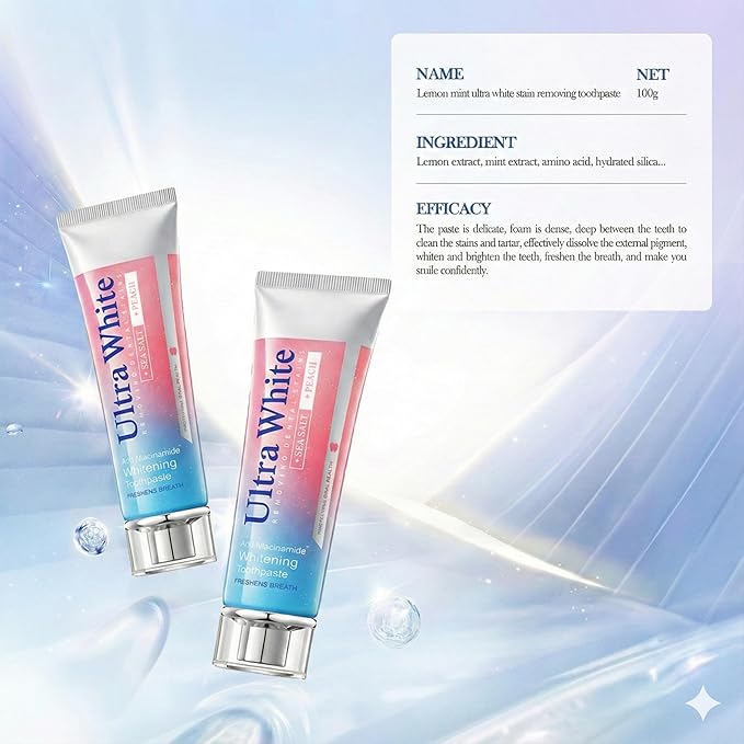 Ultra White Toothpaste (Peach & Sea Salt Flavor) - Niacinamide Whitening Toothpaste for Stain Removal - Fresh Breath, Gum Care & Enamel Safe Daily Tooth Paste (2 Pack, 3.52oz/100g)