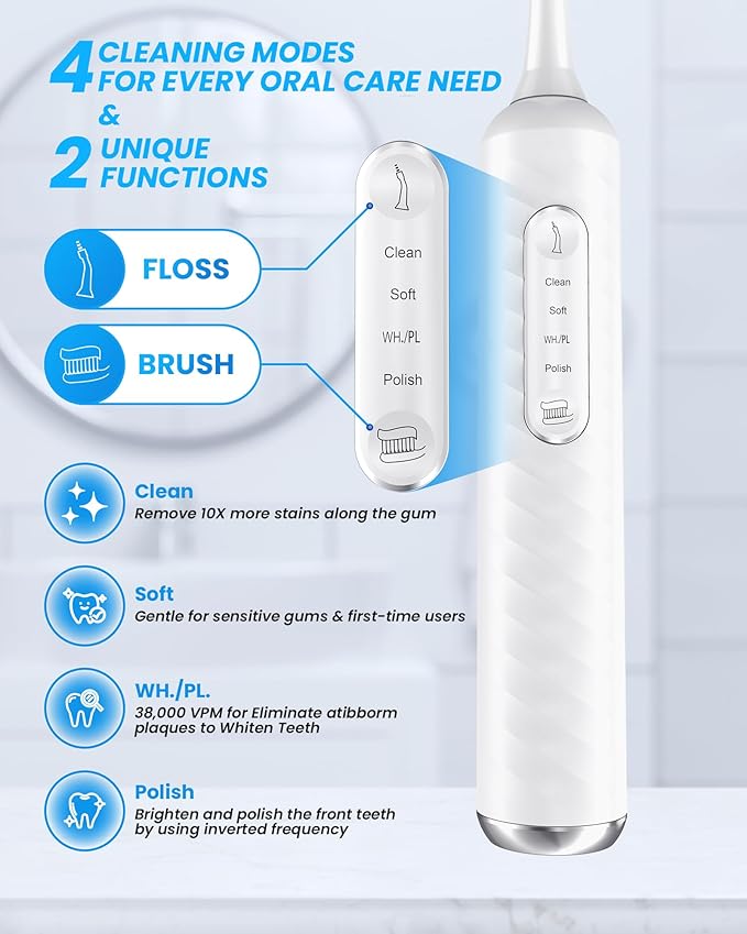 Electric Toothbrush with Water flosser, 3 in 1 Teeth Cleaning Kit with 7 Modes, Electric Toothbrush and flosser Combofor Adults, Water Flosser Portable for Travel and Home (White)