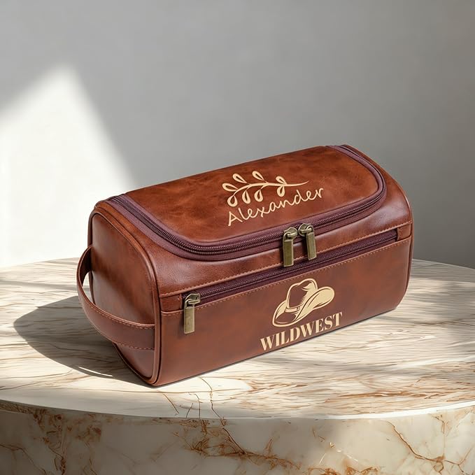 HDSD Personalized Toiletry Bag for Men,Engraved Name/Logo for Husband, Boyfriend, Dad, Wedding, Anniversary, Gift (Reddish Brown)