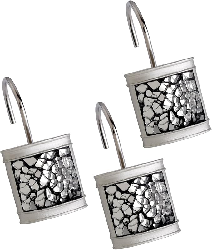 Crackled Glass Silver Shower Curtain Hooks Decorative - Set of 12 Shower Curtain Rings for Bathroom Shower Rod - Elegant Crackled Glass Shower Curtain Hooks