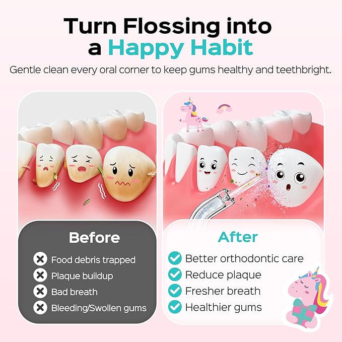 COSLUS Portable Water Flosser for Kids: 4 Gentle Modes for Ages 6+, Braces & Sensitive Teeth - with Fun DIY Stickers, 4 Storable Nozzles, Mini Compact for Home School & Travel Use, BPA-Free, Pink