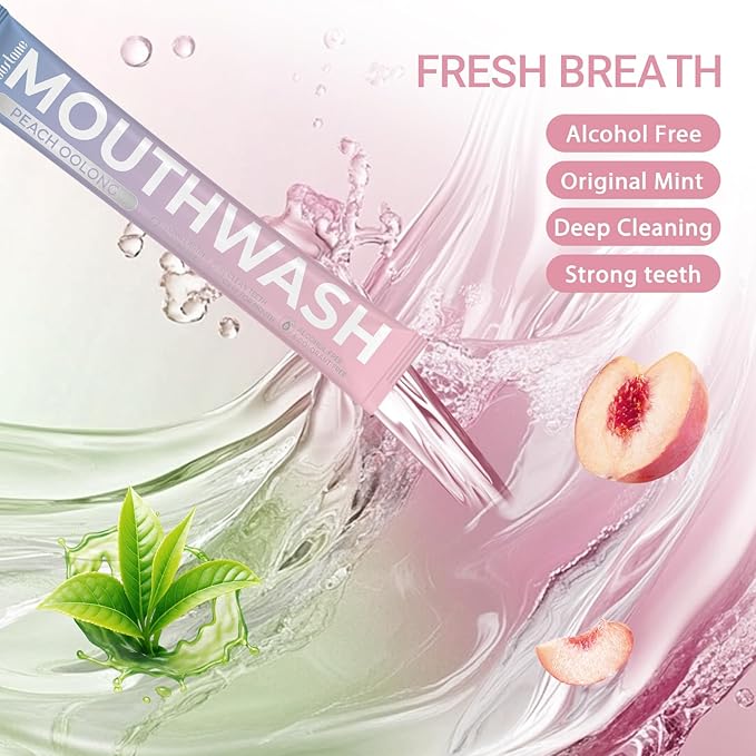 Protable Mouthwash Packets for Travel, Peach Oolong-Tea Flavor, Alcohol-Free, Non-Burning, 15ml/pcs 20 Single Use, TSA Approved for On-The-Go Fresh Breath, Perfect for Work, Gym& Date