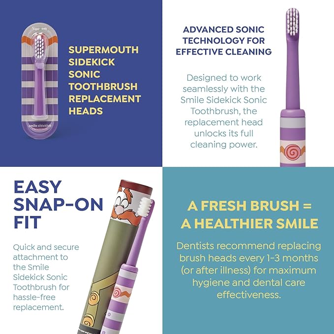 SuperMouth® Tooth Keri Sidekick Toothbrush Replacement Brush Heads - Ultra Soft Bristles for Ages 6+ - Gently Cleans & Polishes Teeth with Sonic Vibrations - Fits Sidekick Tooth Keri Toothbrush