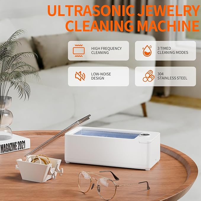 Portable Ultrasonic Cleaner Machine - 50KHz Jewelry Cleaner Ultrasonic Machine with 3 Timer Modes, Ultrasonic Jewelry Cleaner for Jewelry, Eyeglasses, Rings, Watches, Dentures, Retainer, Razors