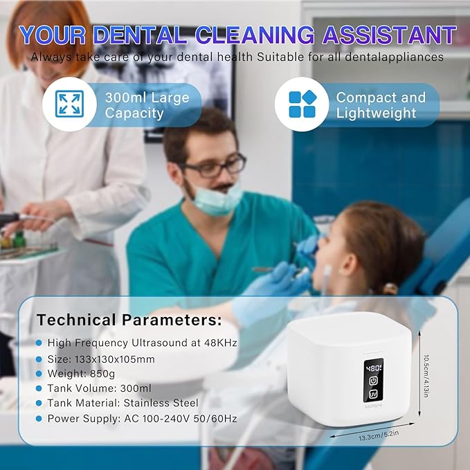 48kHz Ultrasonic Cleaner with Digital Timer - 3 Settings for Dentures, Retainers, Aligners, Mouth Guards, Jewelry, 375ml Tank, 99% Efficiency