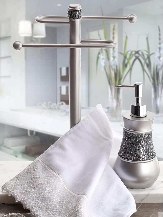 Crackled Glass Silver Hand Soap Dispenser for Bathroom, Decorative Countertop Lotion Dispenser, Elegant Liquid Soap Dispenser with Sturdy Pump for Classic Bathroom Décor