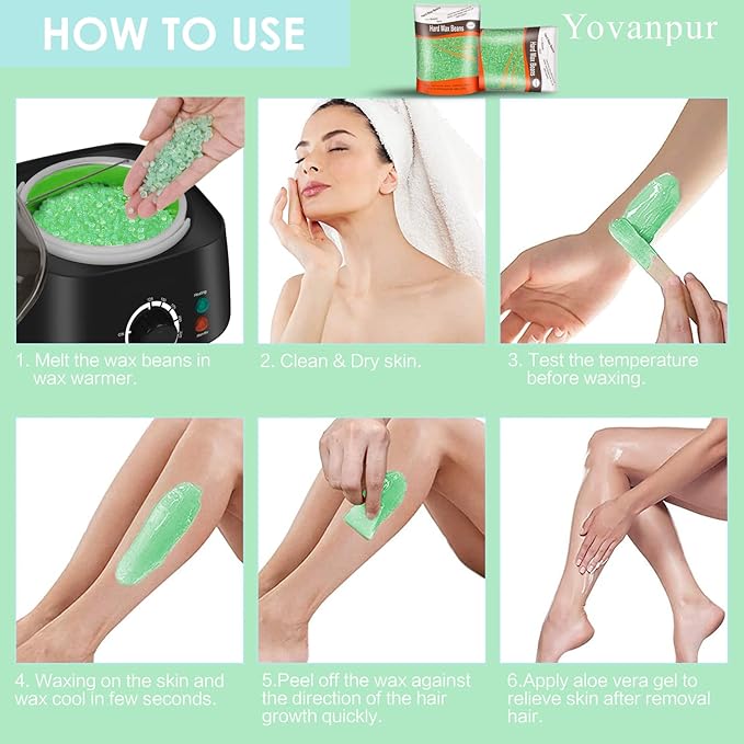 Hard Wax Beads for Brazilian Waxing, At Home Pearl Wax for Bikini, Face, Eyebrow, Legs - 300g (10 Oz) with 10 Wax Spatulas (Light Green-Aloe)