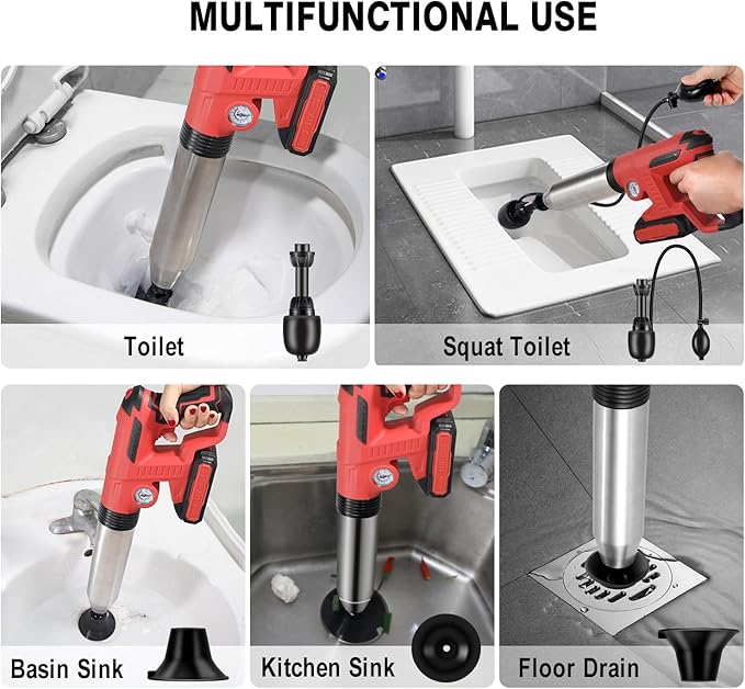 Electric Toilet Plunger With Dedicated Box, Plunger Toilet Can Only Take 2 Mins To Unclog Toilet,Bathroom,Floor Drain,Sewer,Pipe，RED,1 Battery
