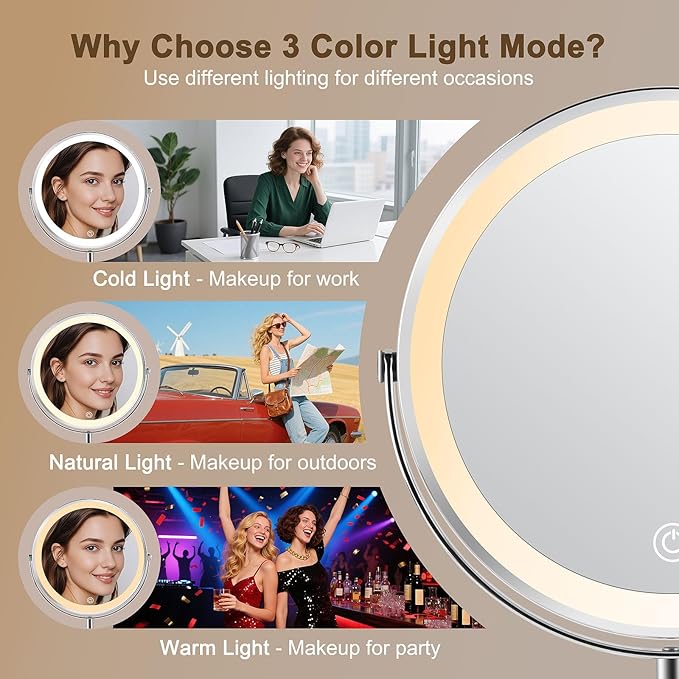 Lighted Makeup Mirror,1x/10x Magnifying Vanity Mirror with Light,3000 mAh Rechargeable 2-Sided Mirror,3 Colors Brightness Adjustable, 360 Degree Rotation, Gift for Women