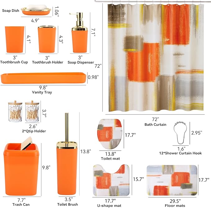 Bathroom Set - Orange Bathroom Accessories Set, Bathroom Sets with Shower Curtain and Rugs, Orange Shower Curtain Set with Bathroom Trash Can, Soap Dispenser, Soap Dish for Home Decor
