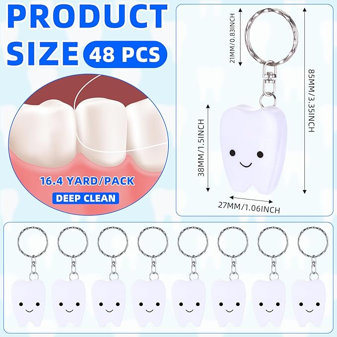 Landical 48 Pcs Mini Dental Floss Keychain Bulk Tooth Shaped Portable Teeth Floss Cleaning for Homeless Party Favors Travel Donated Gifts Teeth Cleaning Oral Care Mint Flavor 15 M /16. 4 Yard