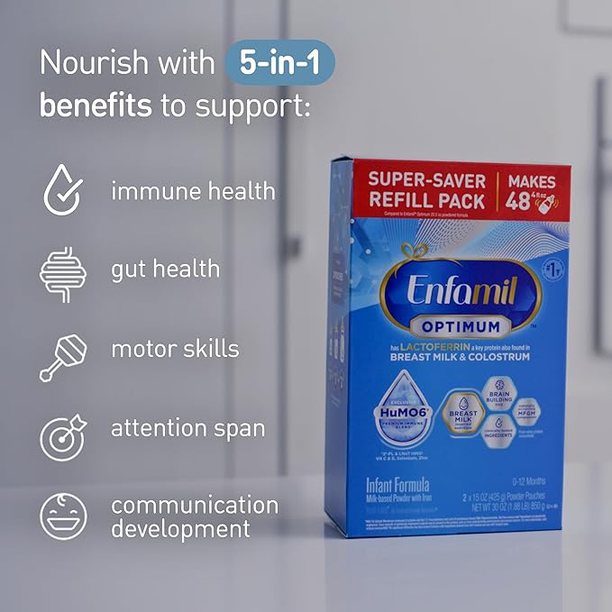 Enfamil Optimum (Enspire), Our Closest Formula to Breast Milk, Immune-Supporting Lactoferrin and Brain-Supporting DHA Baby Formula, Powder 30 Oz Refill, Pack of 8