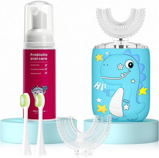 Kids Electric U Shaped Toothbrush,Kids Dinosaur Sonic Full Mouth Toothbrush with 4 Soft Brush Head Automatic 6 Cleaning Modes IPX7 Waterproof 360 Degree Cleaning - Age2-7 Blue