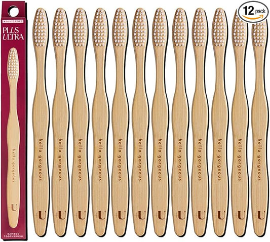 Biodegradable and Eco-Friendly Bamboo Toothbrush 12-Pack - BPA Free Soft Bristle - Dentist-Approved and All-Natural with "Hello Gorgeous" Etched on Handles by Plus Ultra