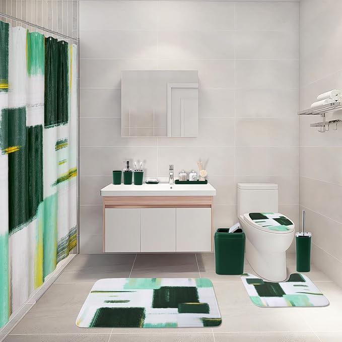 Bathroom Set - Dark Green Bathroom Accessories Set, Bathroom Sets with Shower Curtain and Rugs, Green Shower Curtain Set with Bathroom Trash Can, Soap Dispenser, Soap Dish for Home Decor