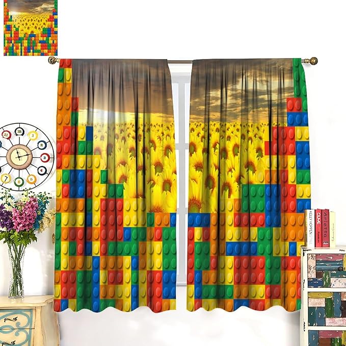 Colorful Building Blocks Sunflower Flower 3D Toy Printed Curtains, Building Blocks, Floral Sunflower Curtains, Interesting Brick 3D Design, Boys and Girls Room Curtain Panels, 2 Panels 42x63in