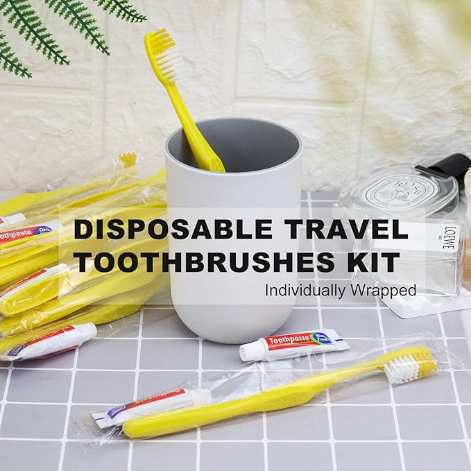 Disposable Toothbrushes with Toothpaste,500 Pack Yellow Hollow Individually Wrapped Disposable Travel Toothbrushes Kit in Bulk for Homeless,Nursing Home,Hotel,Charity