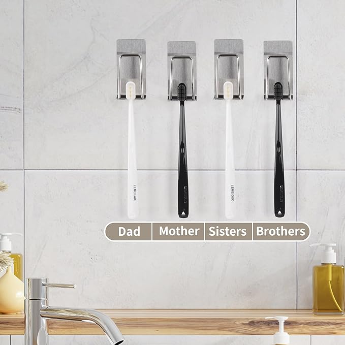 Yagoo 4 Pcs Adhesive Toothbrush Holders，304 Stainless Steel Toothbrush Holders Wall Mounted Electric Toothbrush Holder for Bathrooms Accessories (4, Silver)