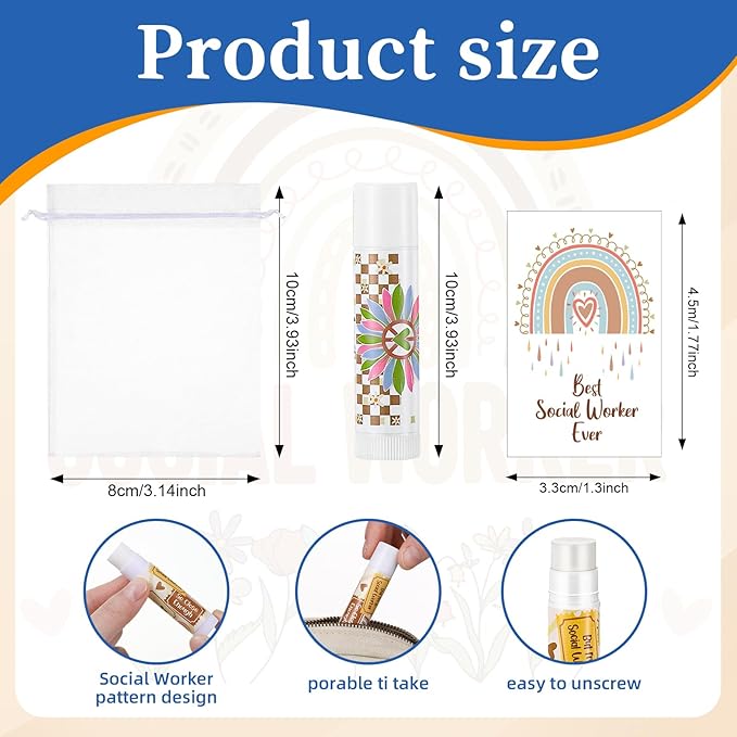 36 Set Social Worker Gift Bulk Lip Balm Inspirational Quote Tag Organza Bag School Social Worker Appreciation Gift for Women Employee Volunteer BSW NSW MS Valentine's Day Birthday Supplies