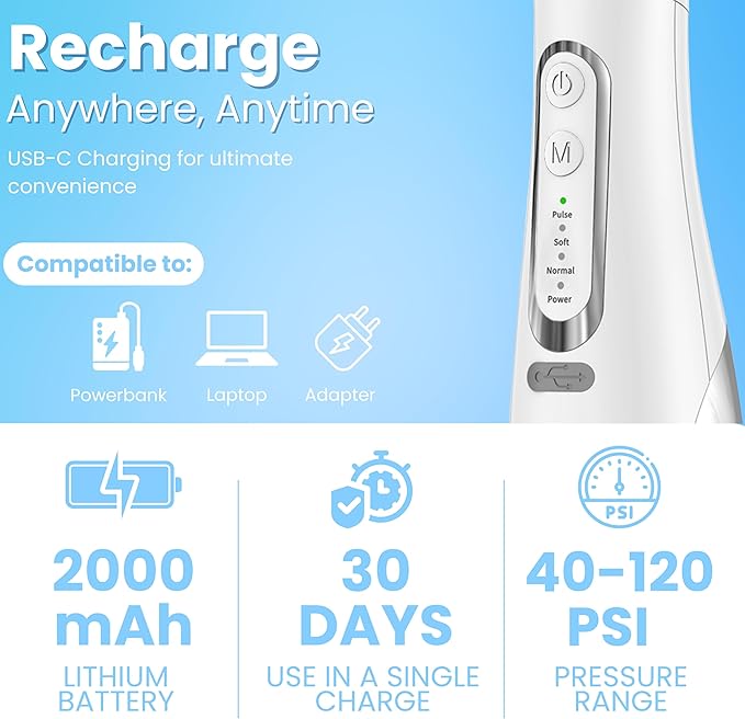 Dental Water Flosser Cordless, 310ML Electric Flosser with 4 Cleaning Modes & 8 Replaceable Jet Tips, IPX7 Waterproof Electric Waterflosser for Teeth Cleaning (8 Tips)