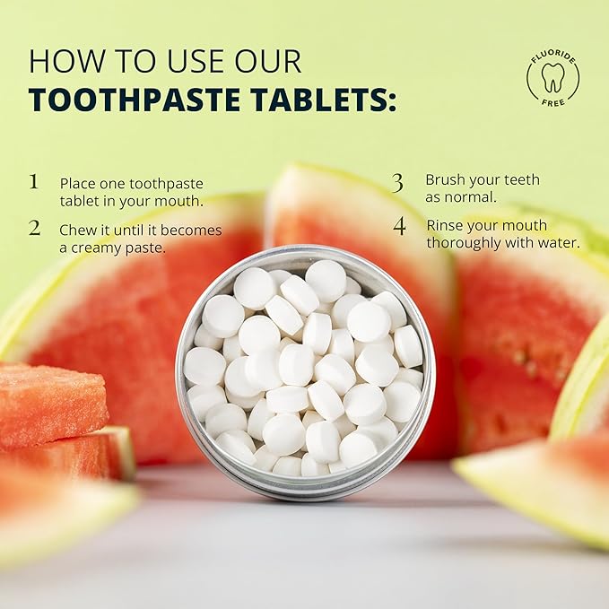 J&L Naturals Toothpaste Tablets | 62-Pack Travel-Friendly Toothpaste | Fluoride + Plastic Free, Vegan, Cruelty Free, Sustainable | Woman-Owned Small Business (Watermelon, 62 Count (Pack of 1))