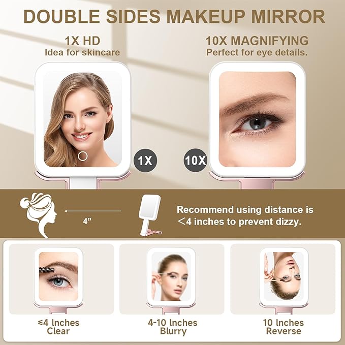 Mocado Travel Makeup Mirror with Lights,10X/1X Magnifying Mirror with Light, Double Sided Travel Mirror with 3 Color Light,Dimmable Touch,Lighted Makeup Mirror for Tabletop,Handheld,Hanging(Rose Gold)