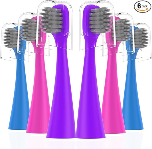 Toothbrushes Replacement Heads Compatible with Burst Kids Electric Toothbrushes, Tri-Color Set (Blue, Purple, Pink), 6-Pack