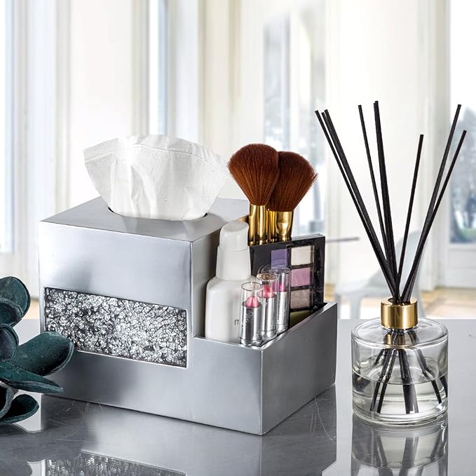 Crackled Glass Silver Tissue Box Cover Square and Nightstand Organizer for Men & Women - Multi-Function Mosaic Glass Tissue Box Holder with Makeup, Phone, Remote Control Holder Organizer for Table