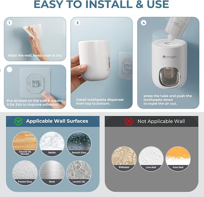 Toothpaste Dispenser Wall Mount for Bathroom-Toothpaste Holder Automatic Toothpaste Squeezer with Cover for Bathroom Organizer Storage (White)