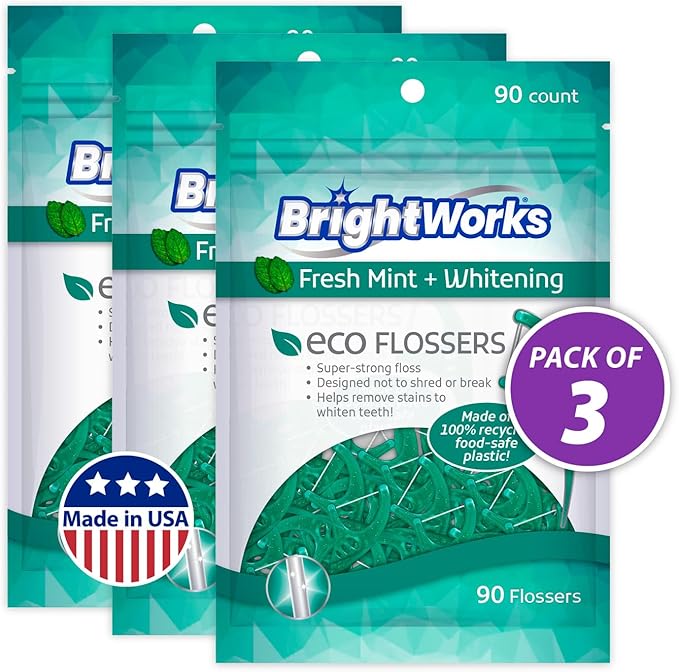 Brightworks ECO Sustainable Floss Picks - 270 Count - PFAS Free - Made in USA100% Post-Consumer Recycled Plastic, Super Strong Mint-Flavored Floss with Micro-Crystals