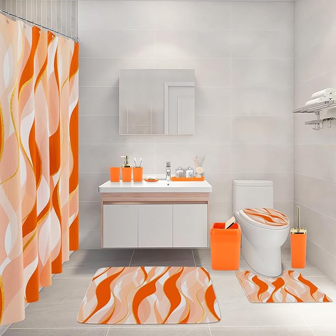 Bathroom Set - Orange and Gold Bathroom Accessories, Bathroom Sets with Shower Curtain and Rugs, Orange Shower Curtain Set with Bathroom Trash Can, Soap Dispenser, Soap Dish for Home Decor
