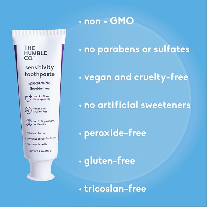 Humble Co. Sensitive Spearmint Fluoride Free Toothpaste for Fresh Breath and Plaque Removal, Vegan Cruelty Free, Non-Toxic SLS Free (5.5 oz, 2pk)