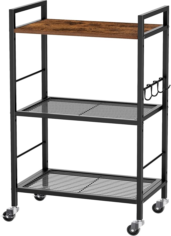 XIVIRACK 3-Tier Metal Storage Rack with Industrial Wheels,Mesh Shelving Unit with Wooden Table top,Adjustable Shelf,16.9-Inch Width,for Kitchen,Laundry,Pantry,Plant,Black