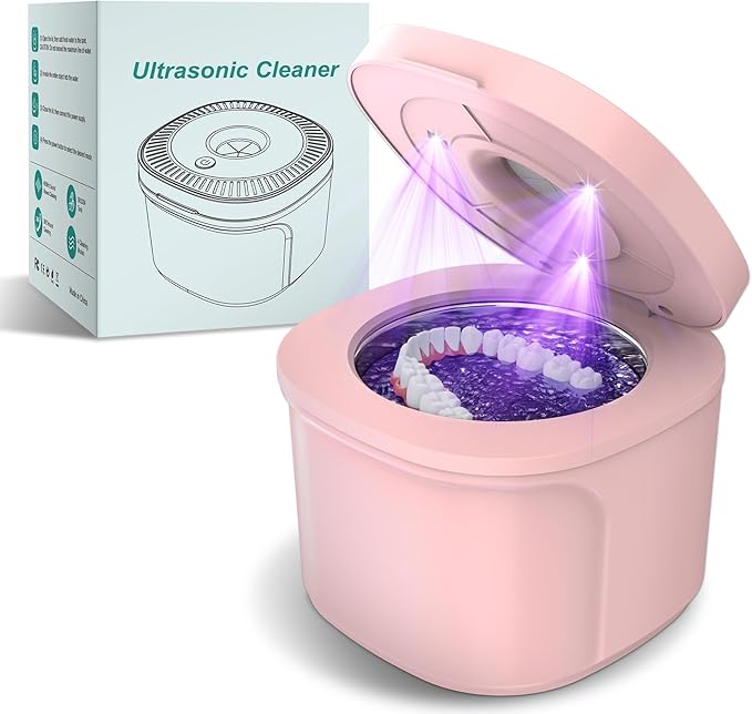 Ultrasonic Retainer Cleaner, Dental Cleaning Pod with U-V Lights, 45kHz Retainer Cleaner Machine for Dentures, Toothbrush Heads, Jewelry, Aligner, Night Mouth Guards (Pink)