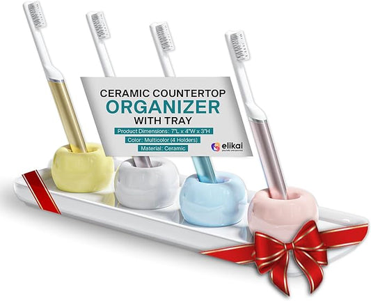 ELIKAI Ceramic Toothbrush Holder Set with Tray, Countertop Organizer for Bathroom, Storage Solution for Toothbrushes, Bathroom Accessories - Pastels – 4 Pack