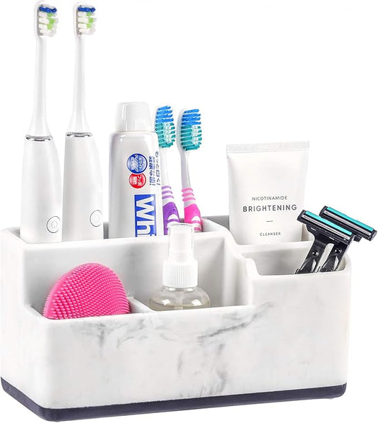 VITVITI Toothbrush Holder for Bathroom, Bathroom Storage Organizer, Small Counter Stand Accessories, for Toothpaste/Vanity Countertop, 5 Compartments Drainage Organization, White Resin of Marble Color